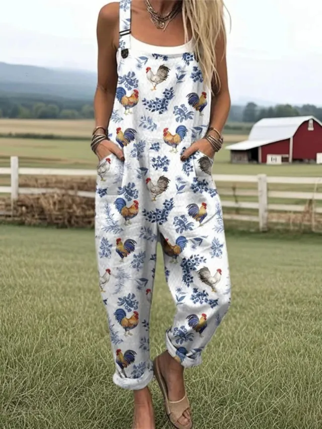 Women's Summer Digital Printing Button Casual Suspender Trousers White Cock - Shop at LoveMi