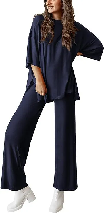 Casual Short sleeved Pullover Top Wide leg Pants Casual Suit Navy Blue - Shop at LoveMi