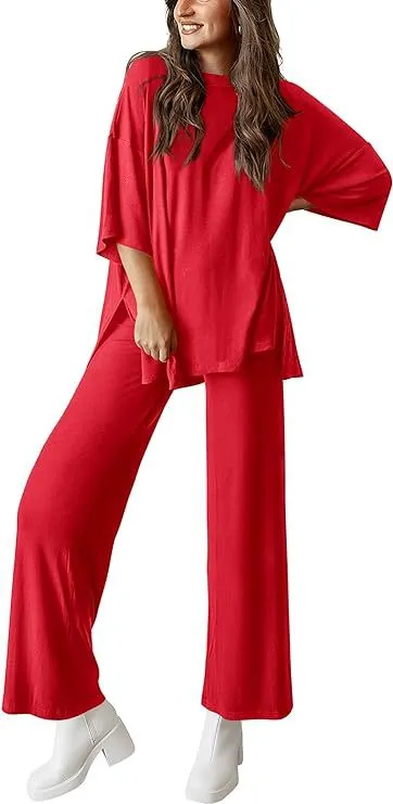 Casual Short sleeved Pullover Top Wide leg Pants Casual Suit Red - Shop at LoveMi