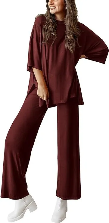 Casual Short sleeved Pullover Top Wide leg Pants Casual Suit Wine Red - Shop at LoveMi