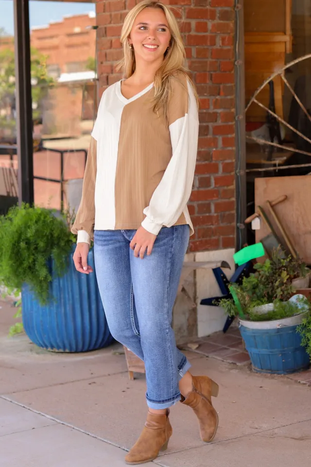 Apricot Color Block Wide Ribbed V Neck Top Apricot - Shop at LoveMi