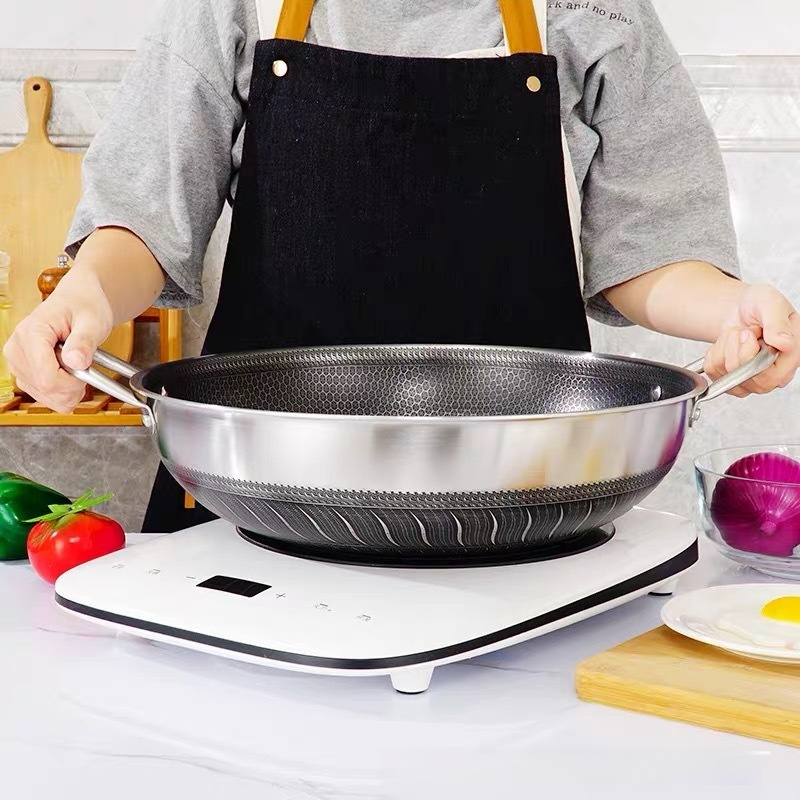304 Stainless Steel Pot With Two Handles Honeycomb Uncoated Flat Bottom Wok