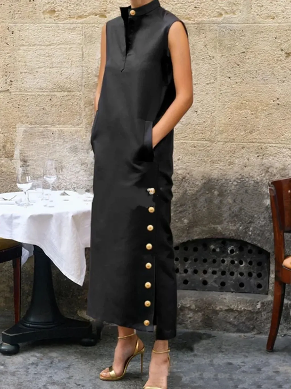 European American Summer New V-neck Simplicity Printed Casual Dress - Black