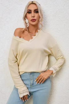 Apricot Ribbed Texture Lace Trim V Neck Long Sleeve Top - Apricot - View 1