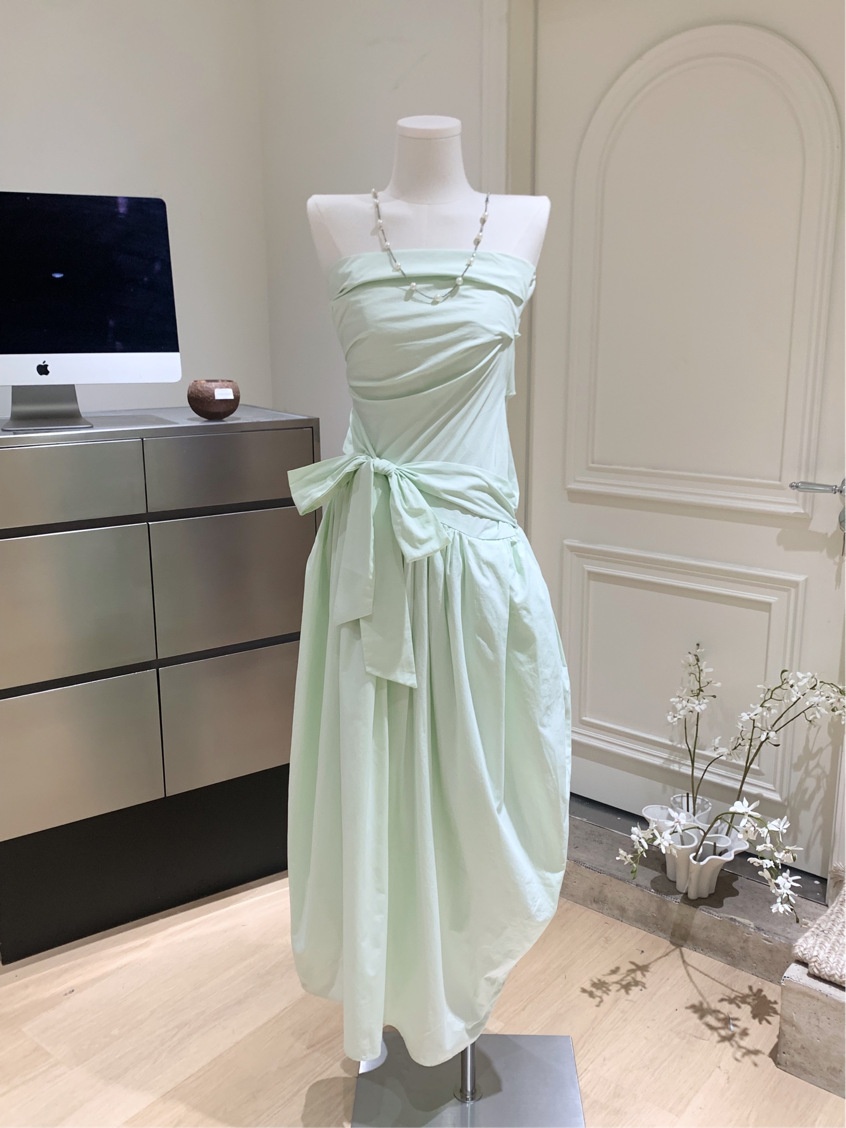 Mint Mambo Green Vacation Style Tube Top Lace up Dress Loose And Irregular Pleated Midi Dress Without Chest Pad Mint Green - Shop at LoveMi