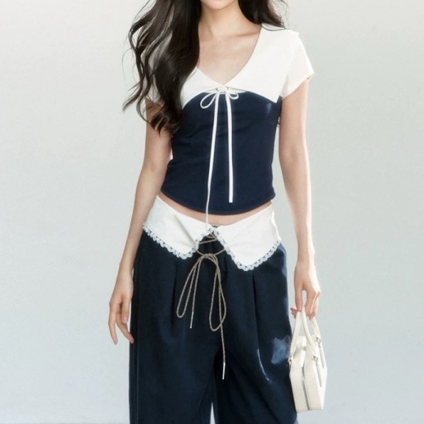 Loose Leisure All-matching Thin T-shirt Purplish Blue Stitching Outerwear Top