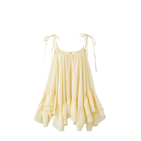 Seaside Vacation Style Irregular French Wave Ruffled Tied Top Mid length Dress Set Light Yellow Sling - Shop at LoveMi