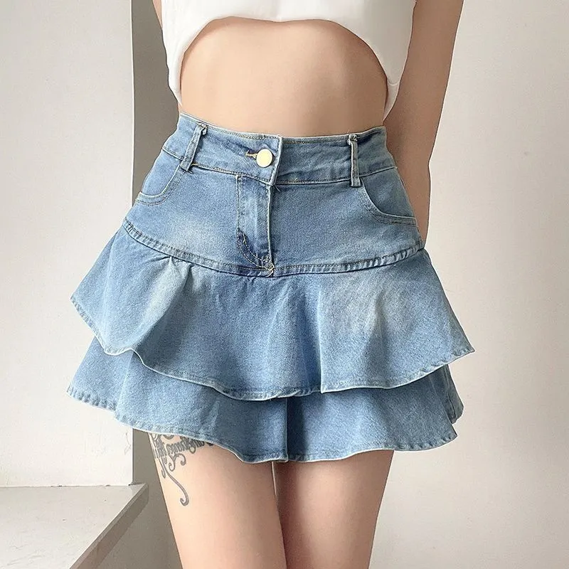 Women's Double-layer Ruffled Denim Skirt Retro Easy Matching High Waist Slimming - Blue
