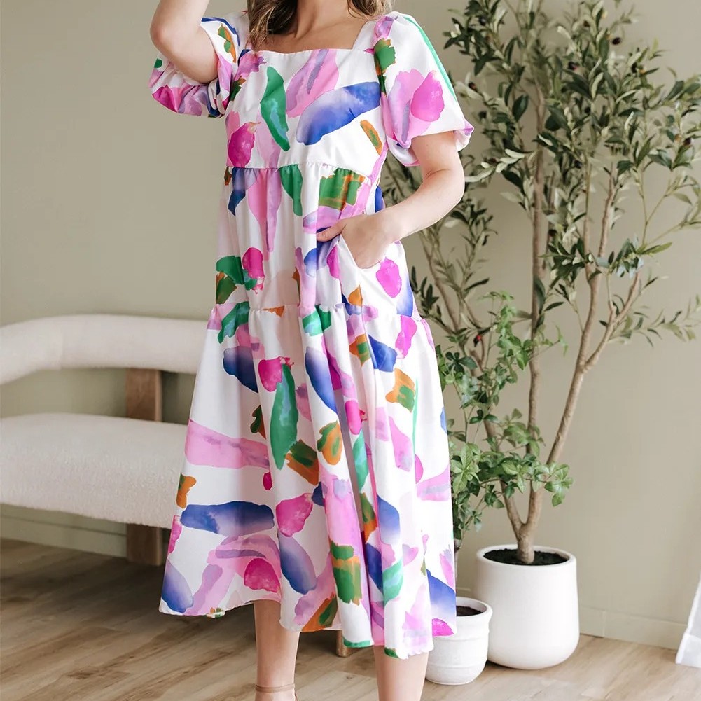 Purple Abstract Print Puff Sleeve Smocked Back Midi Dress Purple - Shop at LoveMi