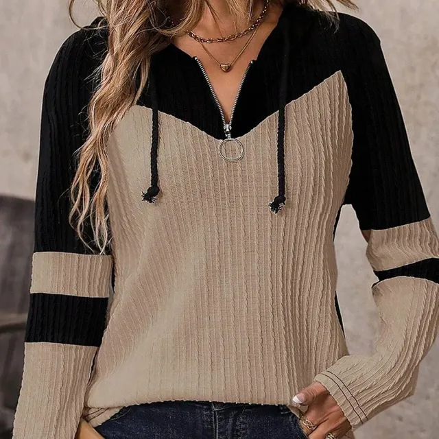 Parchment Textured Colorblock Long Sleeve Quarter Zip Drawstring Hooded Top Parchment - Shop at LoveMi