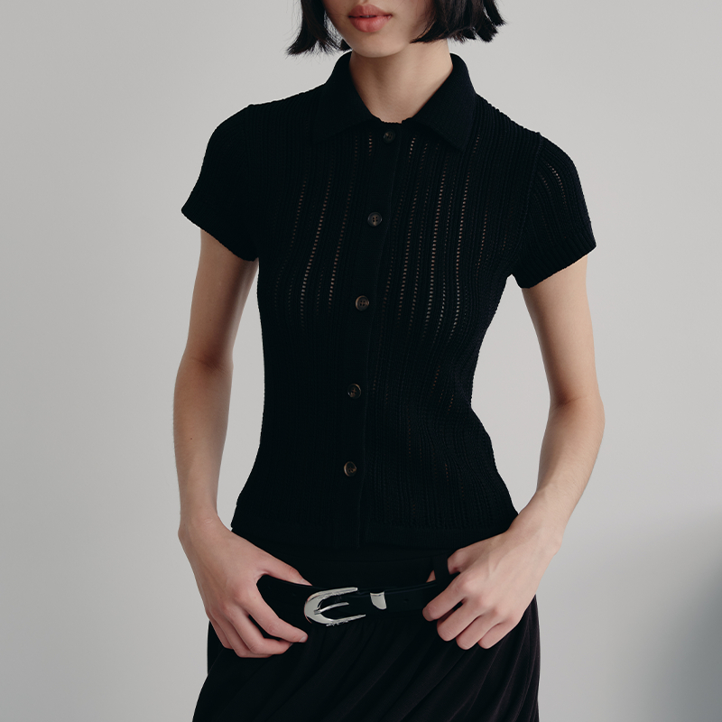 Flip Collar Hollowed Out Knitted Cardigan With Ice Silk Breathable T-shirt