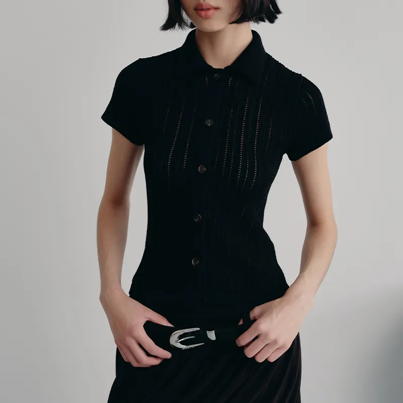 Flip Collar Hollowed Out Knitted Cardigan With Ice Silk Breathable T-shirt - Black