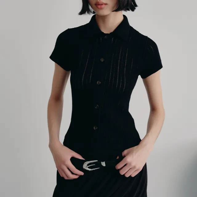 Flip Collar Hollowed Out Knitted Cardigan With Ice Silk Breathable T shirt Black - Shop at LoveMi