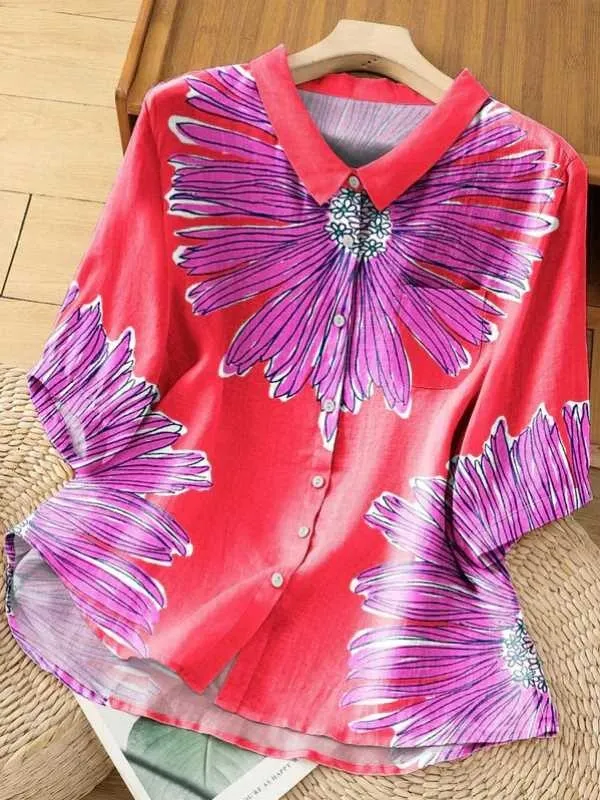 Flower Polo Collar Button Cardigan Short Sleeve Loose Casual Top Main Picture Color - Shop at LoveMi