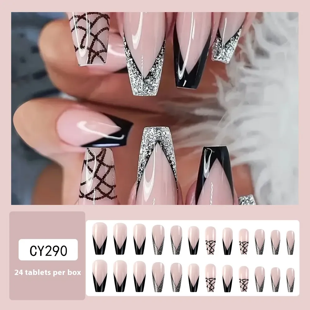 Blue Edge French Gradient Contrast Leopard Print Nail Tips - Cy290 Grid Glitter Adhesive