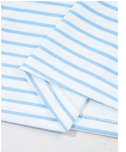Sky Blue Stripe Floral Three Quarter Sleeves Patchwork Drop Shoulder Top