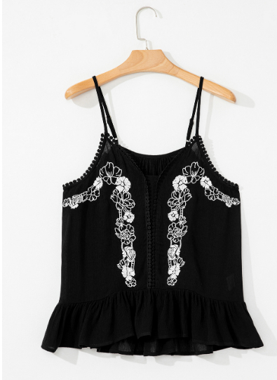 Black Floral Embroidery Ruffled Spaghetti Straps Tank Top Black - Shop at LoveMi