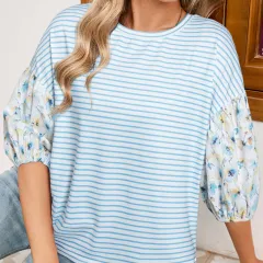 Sky Blue Stripe Floral Three Quarter Sleeves Patchwork Drop Shoulder Top - Floral - View 1
