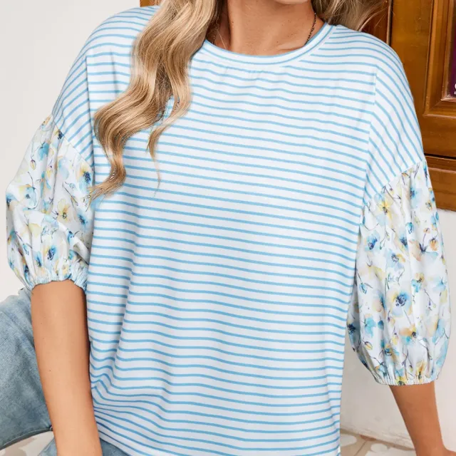 Sky Blue Stripe Floral Three Quarter Sleeves Patchwork Drop Shoulder Top Sky Blue - Shop at LoveMi