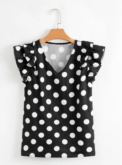Black Polka Dot Print Ruffled Sleeve V Neck Blouse Black - Shop at LoveMi