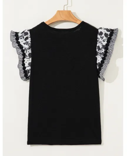 Black Ricrac Trim Printed Flutter Sleeve Contrast Patchwork Blouse - Black - View 1