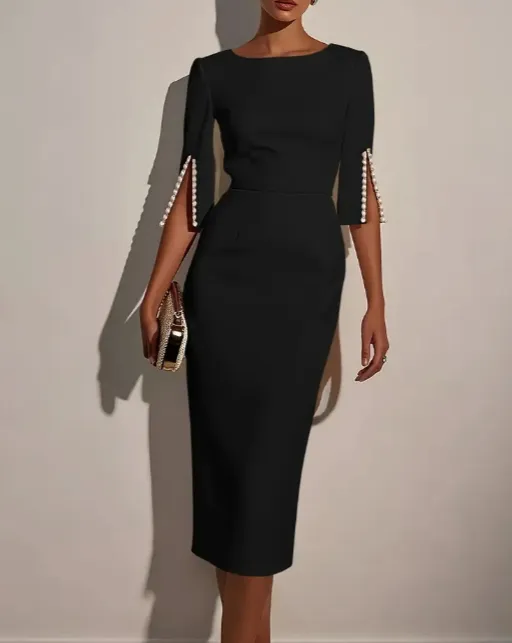Medium Length Slit Sleeve Elegant Dress Black - Shop at LoveMi