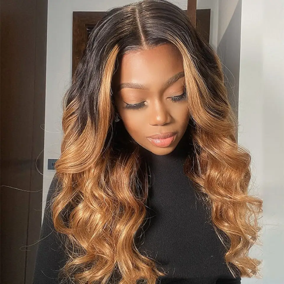 Medium Golden Head Dyed Black Wavy Long Curly Hair