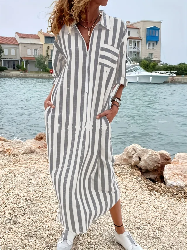 Cotton And Linen Breathable Casual Loose Striped Women's Short sleeved Shirt Black - Shop at LoveMi