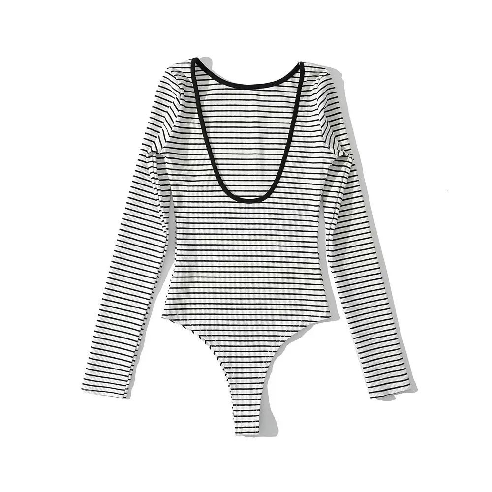 Sexy Big Back-exposure Striped Tight Jumpsuit Solid Color - Black And White Stripes