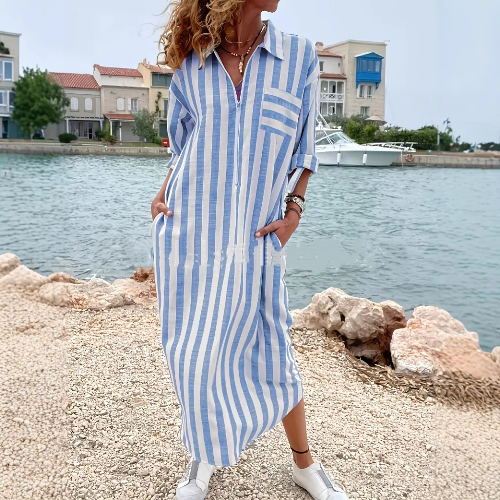 Cotton And Linen Breathable Casual Loose Striped Women's Short-sleeved Shirt - Blue
