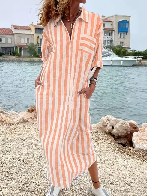 Cotton And Linen Breathable Casual Loose Striped Women's Short sleeved Shirt Orange - Shop at LoveMi