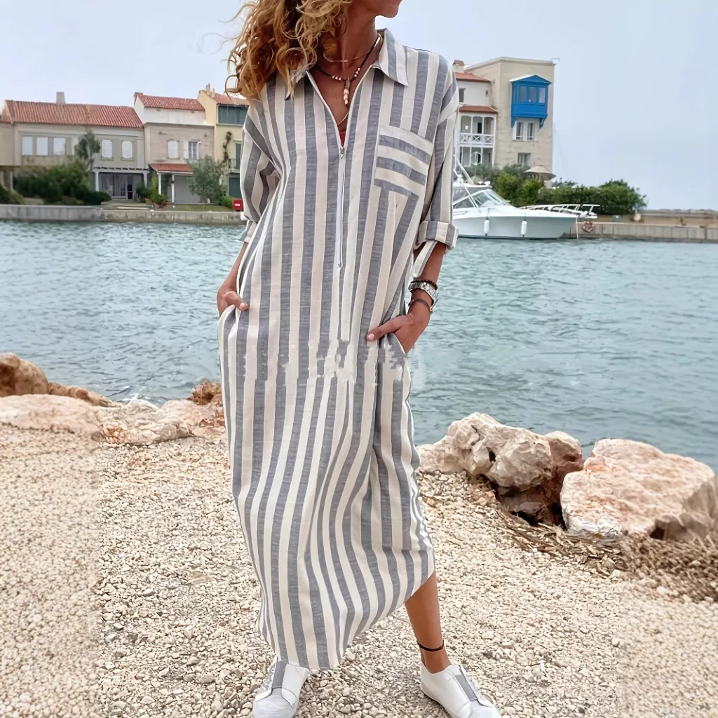 Cotton And Linen Breathable Casual Loose Striped Women's Short-sleeved Shirt - Gray
