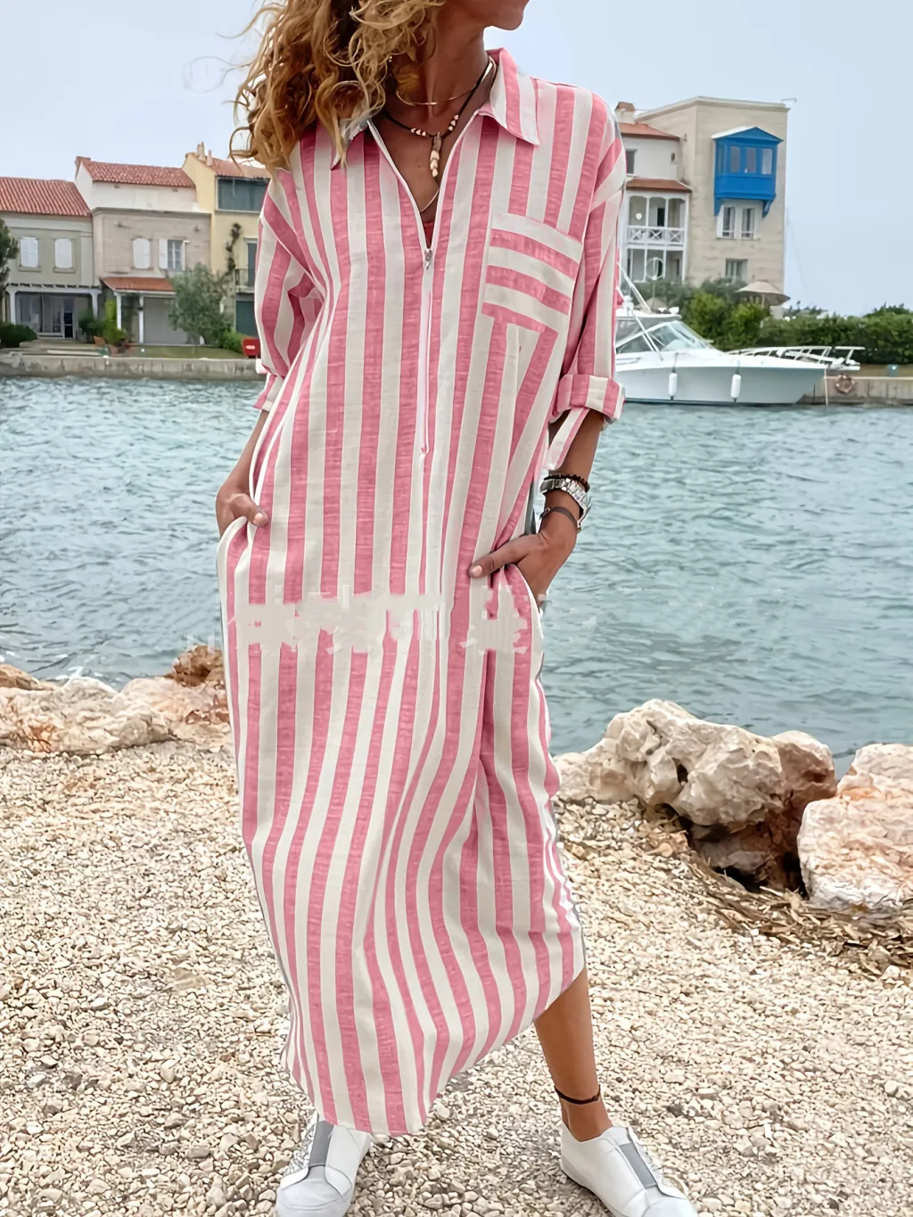 Cotton And Linen Breathable Casual Loose Striped Women's Short-sleeved Shirt - Pink