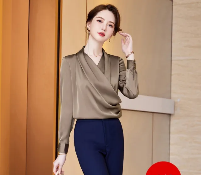 Long Sleeve V neck New Acetate All matching Pullover Business Wear Bottoming Shirt For Women Coffee - Shop at LoveMi