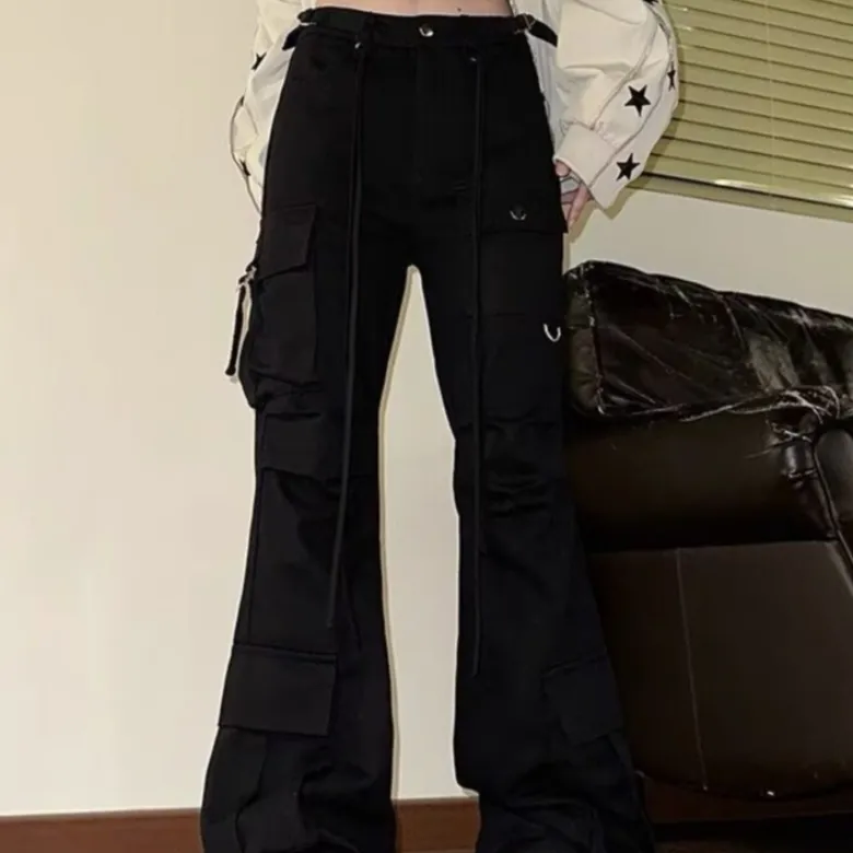 Bootcut Trousers Women's Spring And Autumn Versatile Pocket Flared Overalls - Black