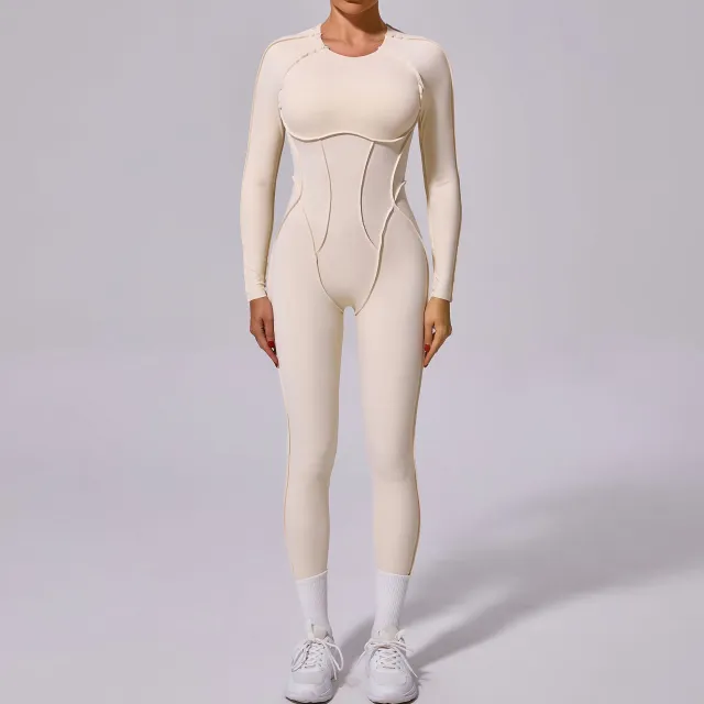 New Winter One piece Sports Yoga Jumpsuit Backless Tight Jumpsuit Beige - Shop at LoveMi
