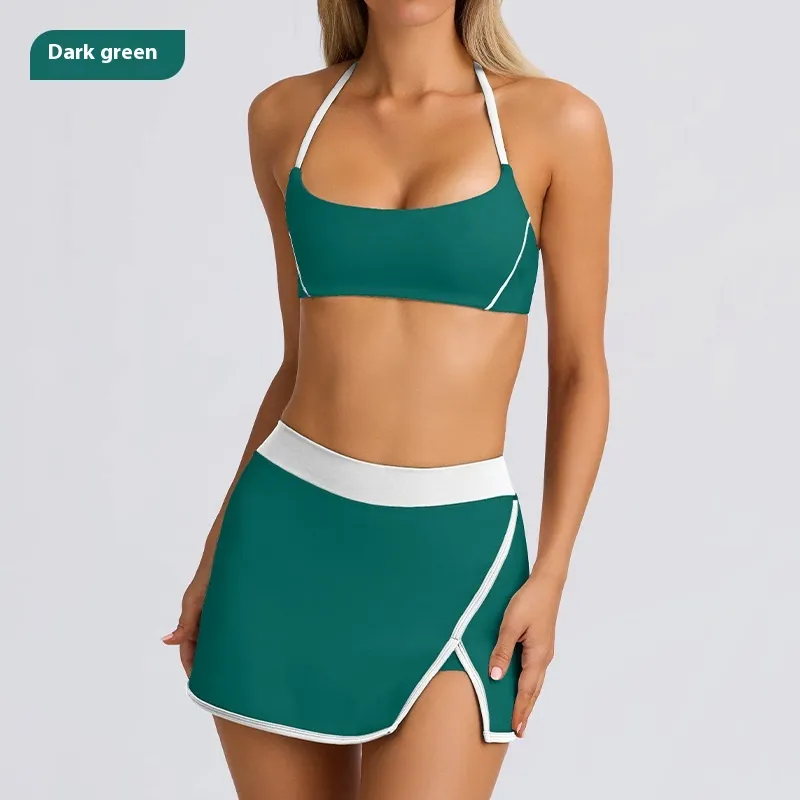 Yoga Underwear Sports And Fitness Running Outdoor Bra And Skirt - Suit Dark Green