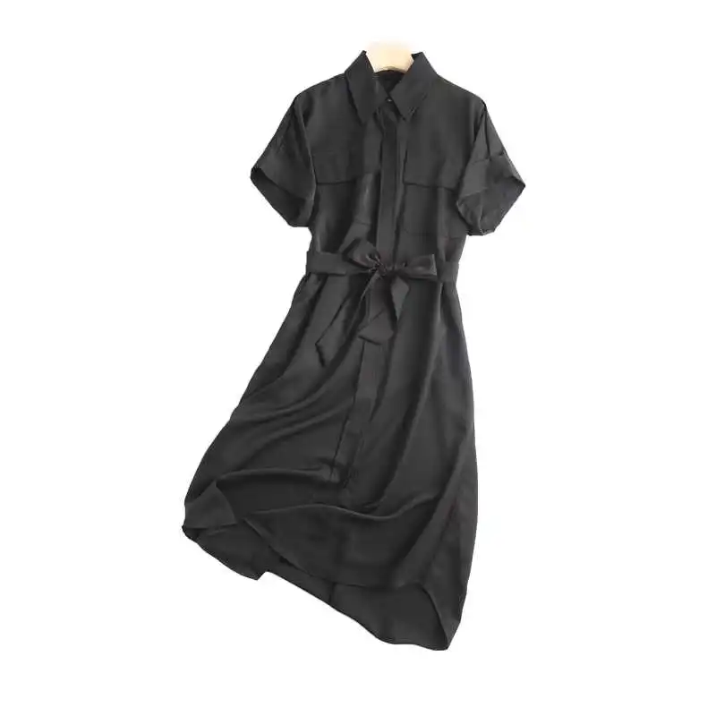 Loose Long With Belt Pocket Shirt Dress - Black