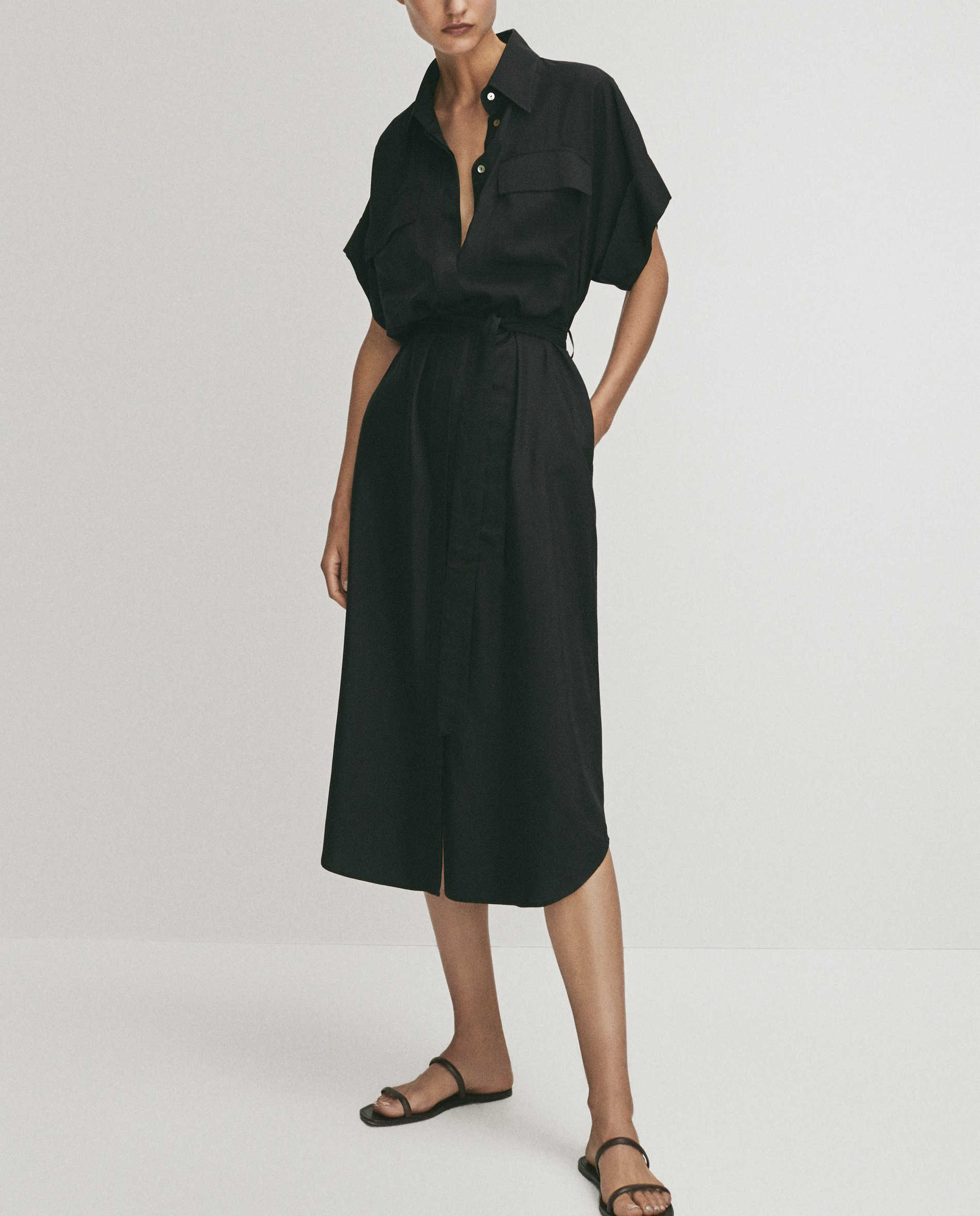 Loose Long With Belt Pocket Shirt Dress