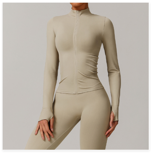 Stand Collar Zipper Yoga Clothes Warm Top Sports Running Jacket - Tan - View 1