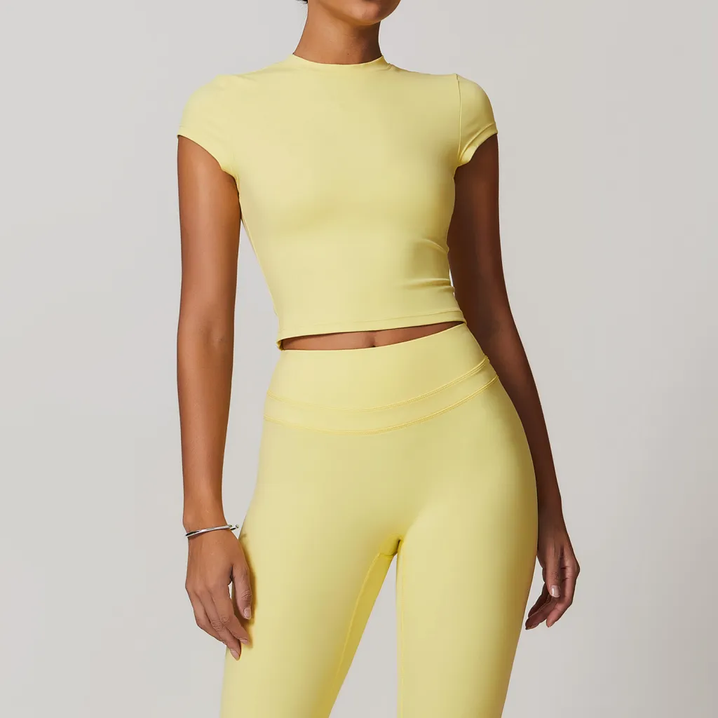European And American Exercise Yoga Clothes Women's Brushed Tight Back Yoga Short Sleeve - Yellow