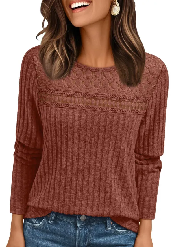 Leisure Pullover Sunken Stripe Loose Hollow Long Sleeve Caramel M - Shop at LoveMi