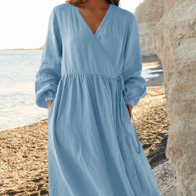 Solid Color Loose Cotton And Linen Dress Light Blue - Shop at LoveMi