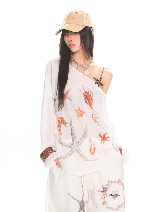 Diagonal Collar Long Sleeve T shirt Printed See through Loose Blouse White - Shop at LoveMi