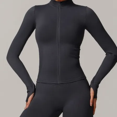 Stand Collar Zipper Yoga Clothes Warm Top Sports Running Jacket Dark Grey - Shop at LoveMi