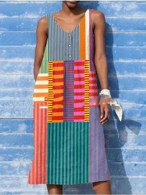 Sleeveless Loose A Line Dress V neck Main Image Color - Shop at LoveMi