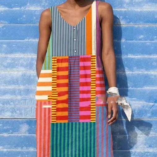 Sleeveless Loose A- Line Dress V-neck