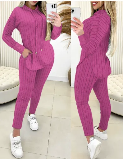 Comfort And Casual Top Long Coat Casual Suit 2 piece Set Rose Red - Shop at LoveMi