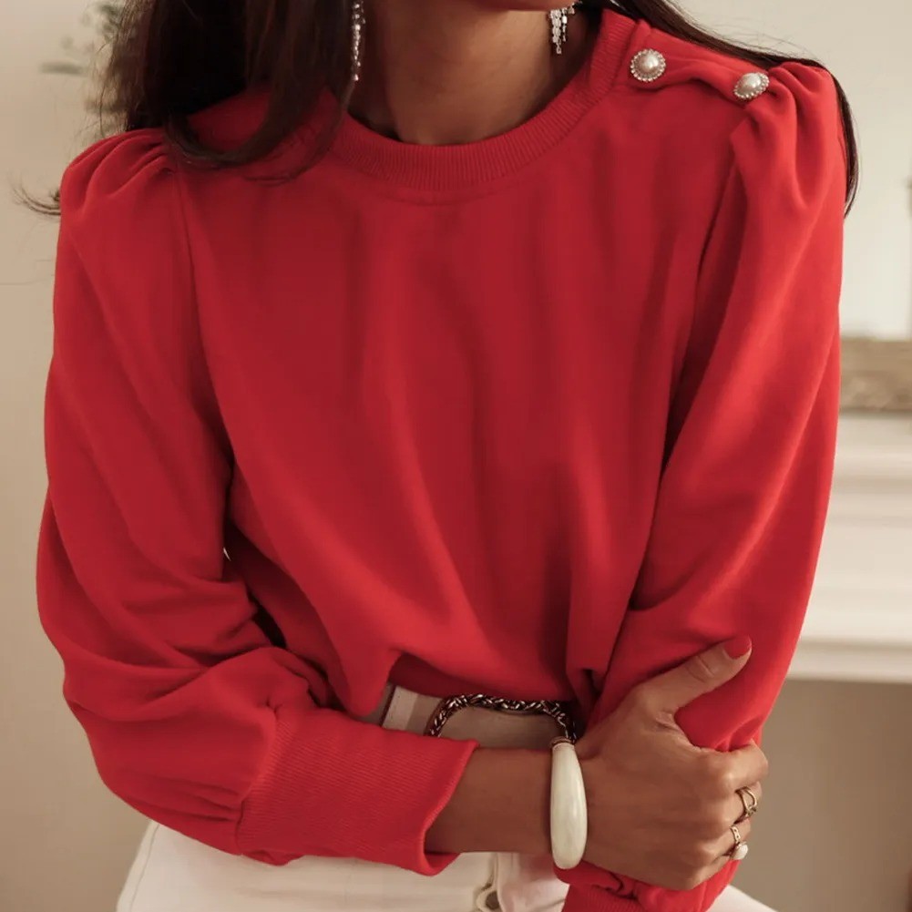 Fiery Red Button Tab Detail Long Sleeve Top