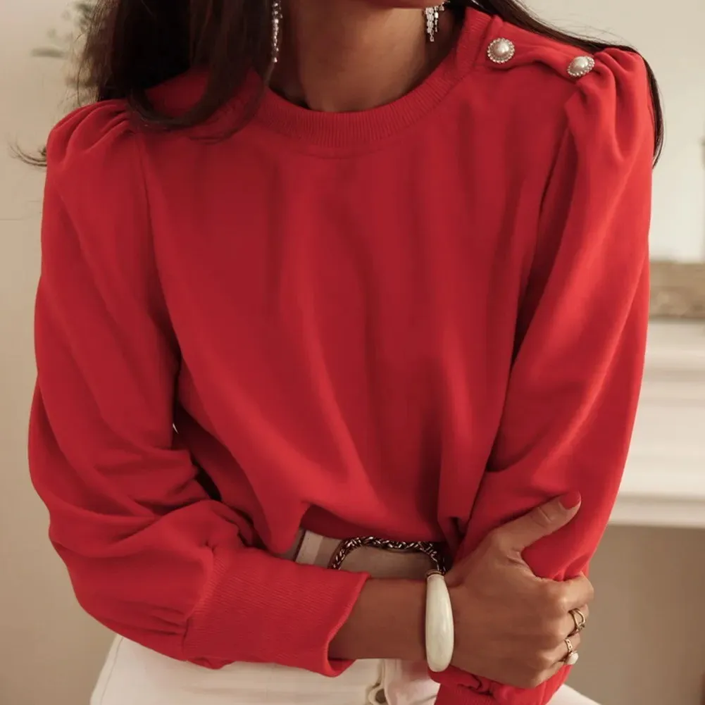Fiery Red Button Tab Detail Long Sleeve Top - Fiery Red